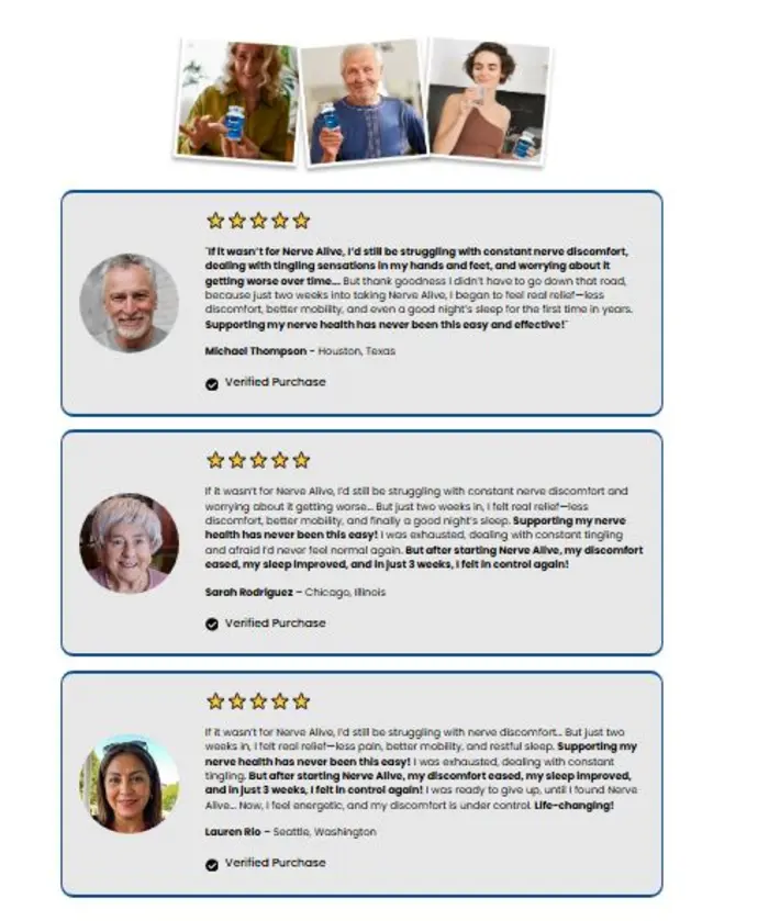 Three Nerve Alive testimonials reproduced from the official promotional page